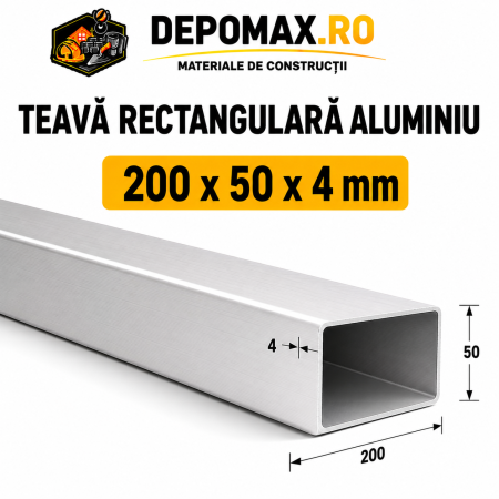 Teava rectangulara aluminiu 200 x 50 x 4 mm, 6 metri (EN AW-6060)